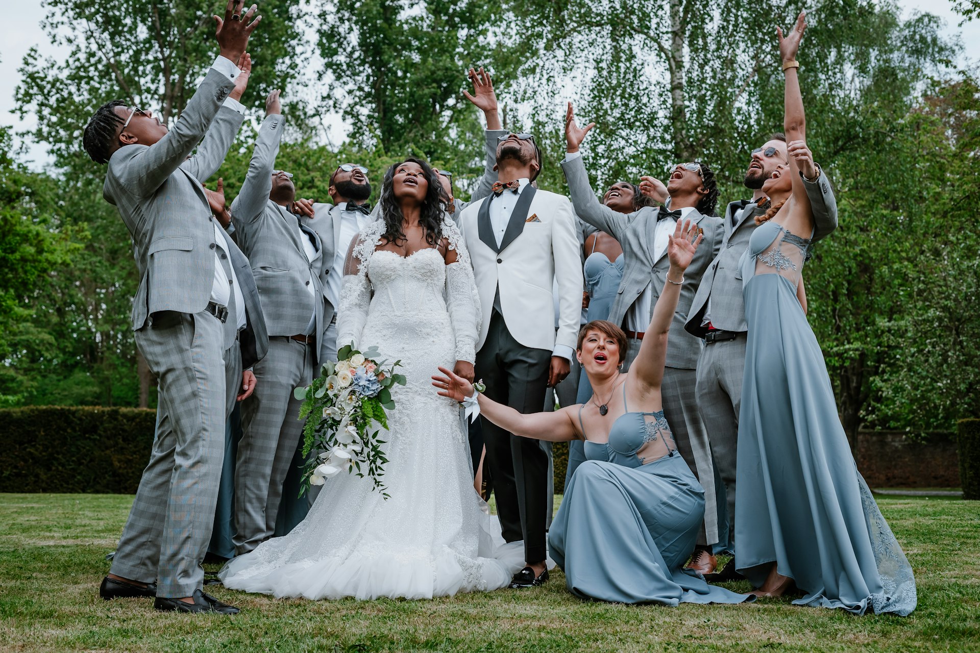 Elegant wedding party in formal wear