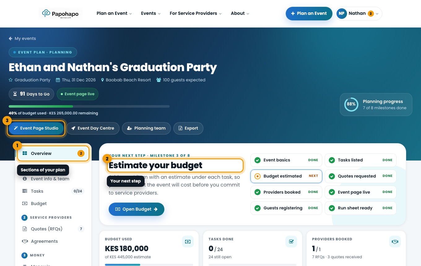 The Overview tab with your next step and milestones.
