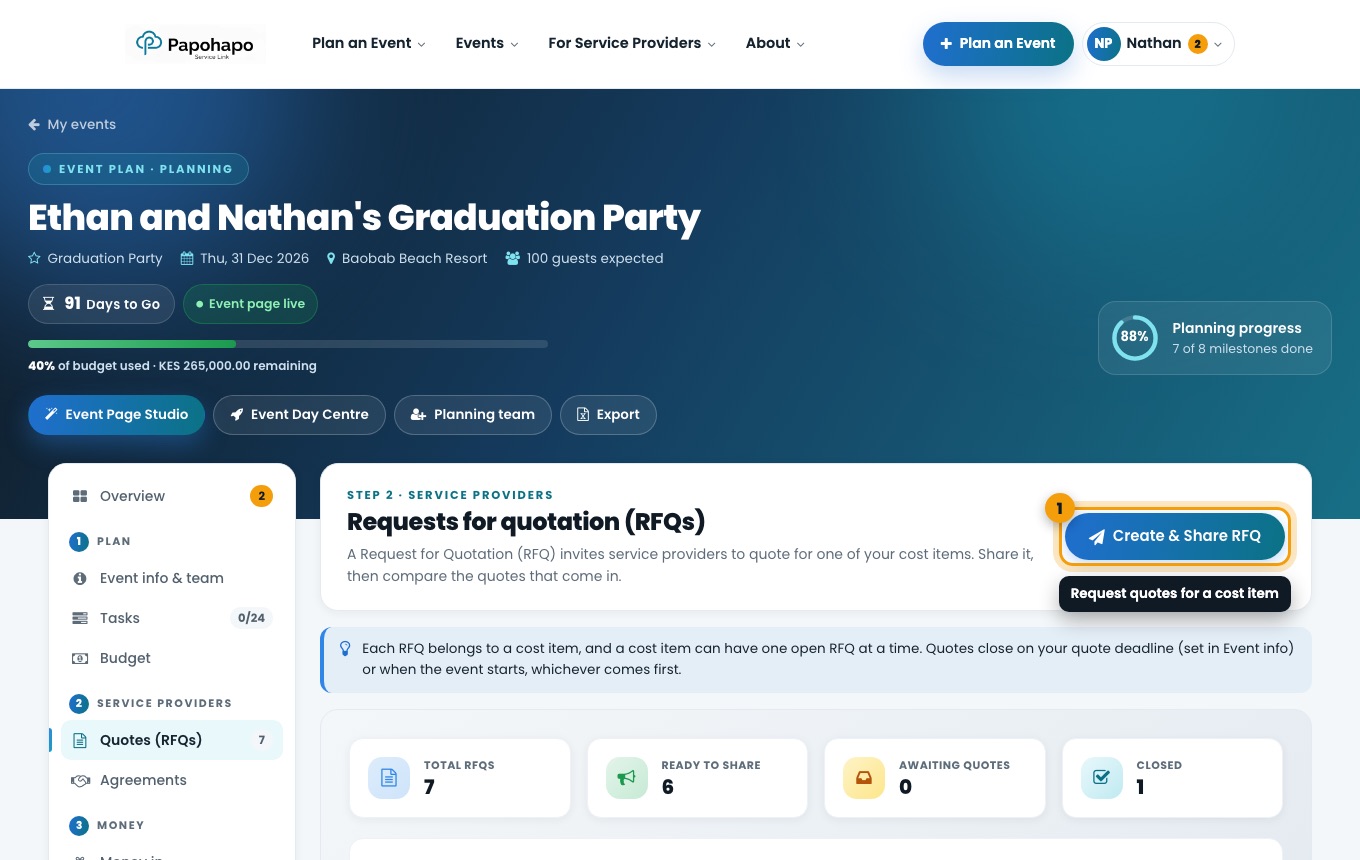 Quotes (RFQs) in your event plan.