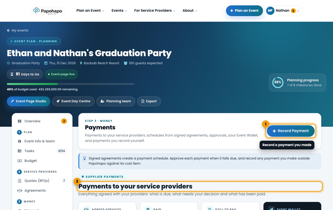 Payments in your event plan.