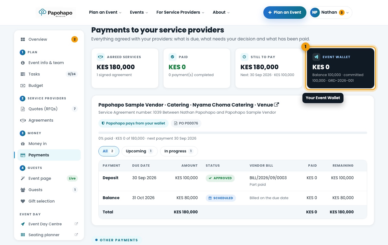 Each agreement lists its payments, status and amounts.