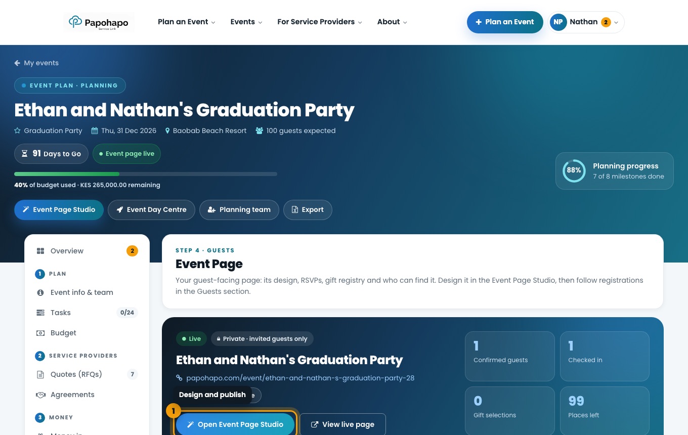 The Event page section of your plan.
