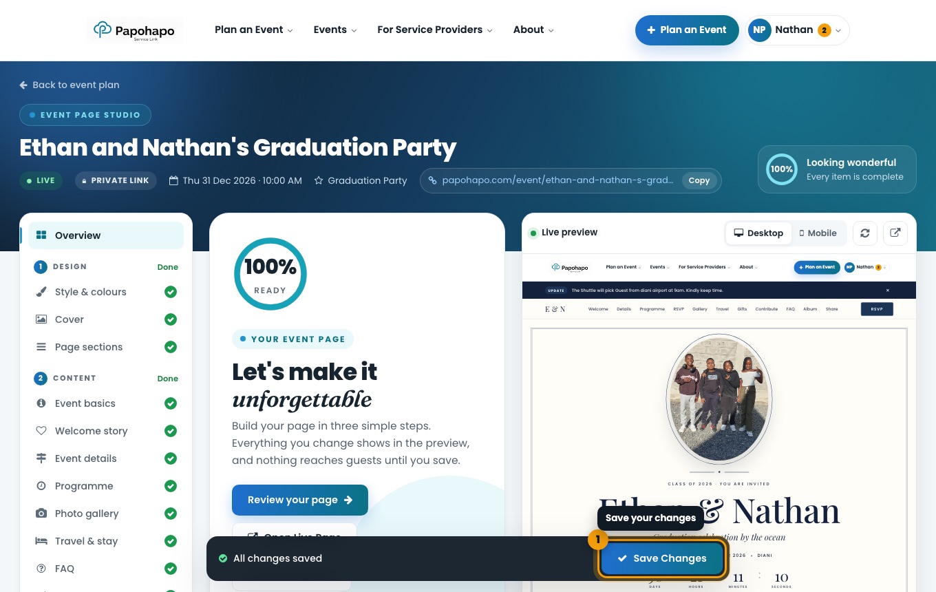 The Event Page Studio with live preview.