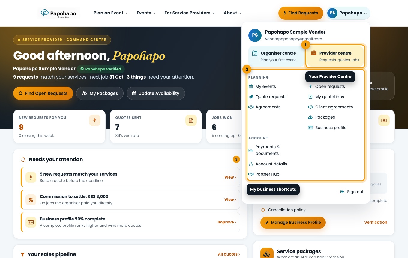 The account menu with your business shortcuts.
