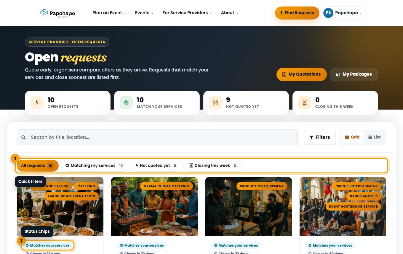 Open requests with quick filters.