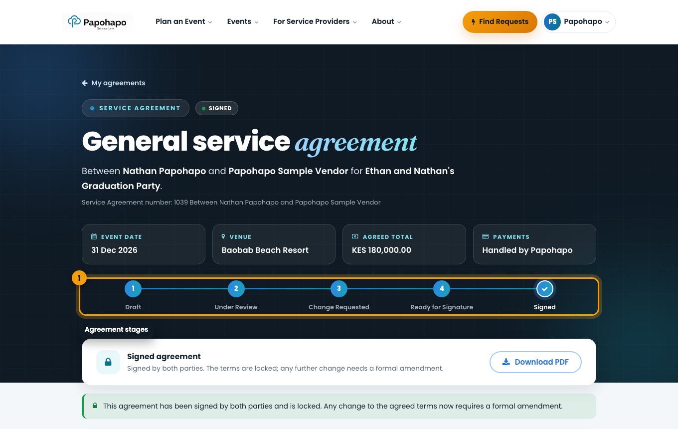 An agreement and its stage tracker.