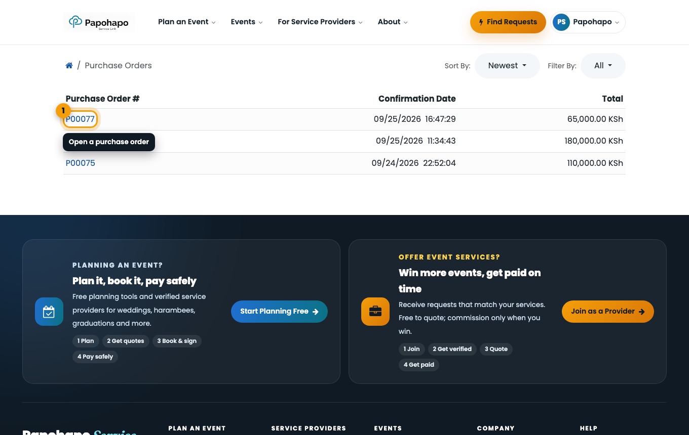 Purchase orders in your account.