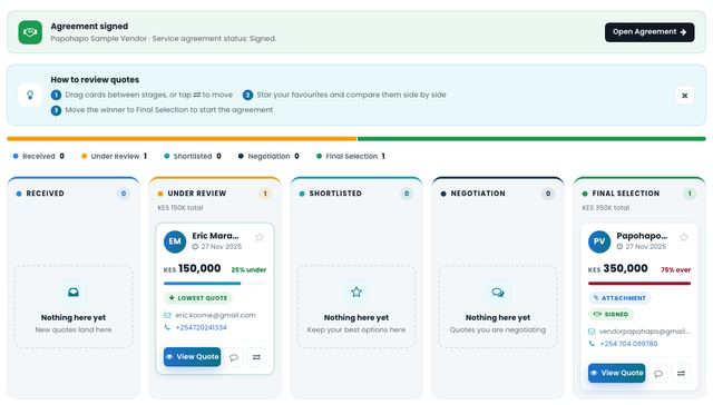 Comparing quotations from service providers on Papohapo