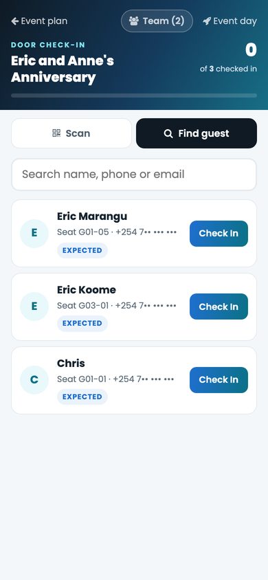 Door check-in on a phone: find a guest and check them in, with their table and seat