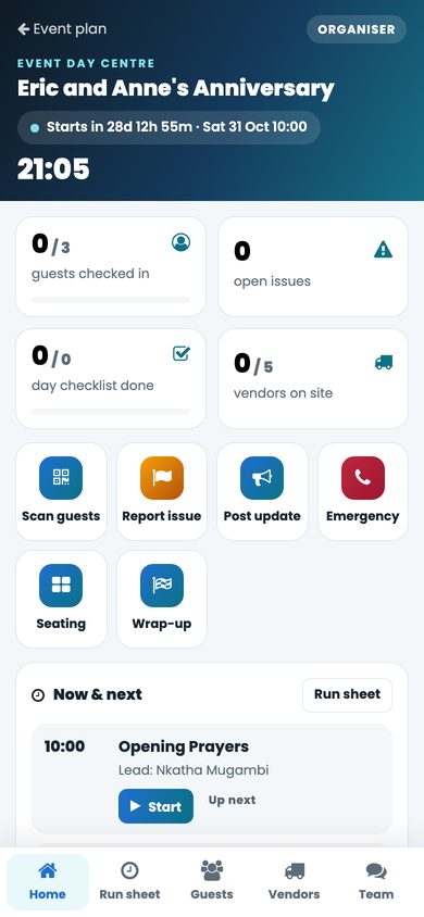 Event Day Centre on a phone: guests checked in, open issues, checklists, vendors on site and the run sheet