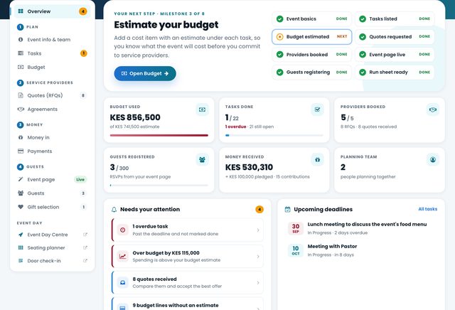 An Event Plan overview with budget, tasks, providers and guests