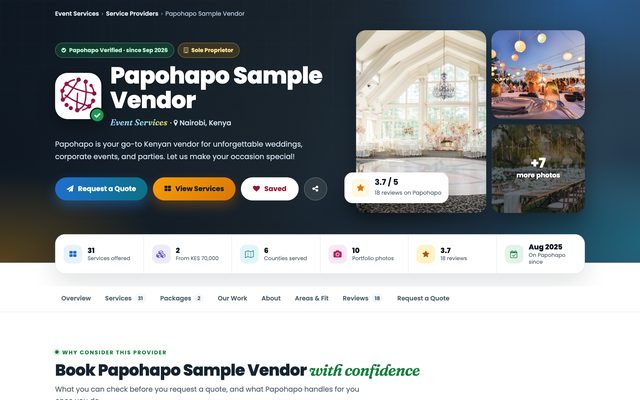 A provider profile with verification, rating and portfolio