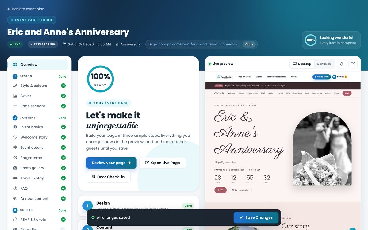 Event Page Studio with section checklist and a live preview of the event page