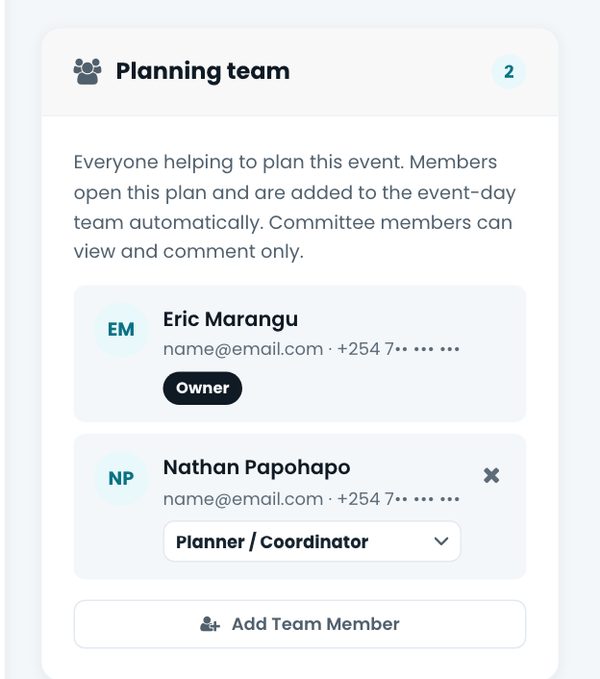 Planning team card with an owner and a planner, and a team discussion
