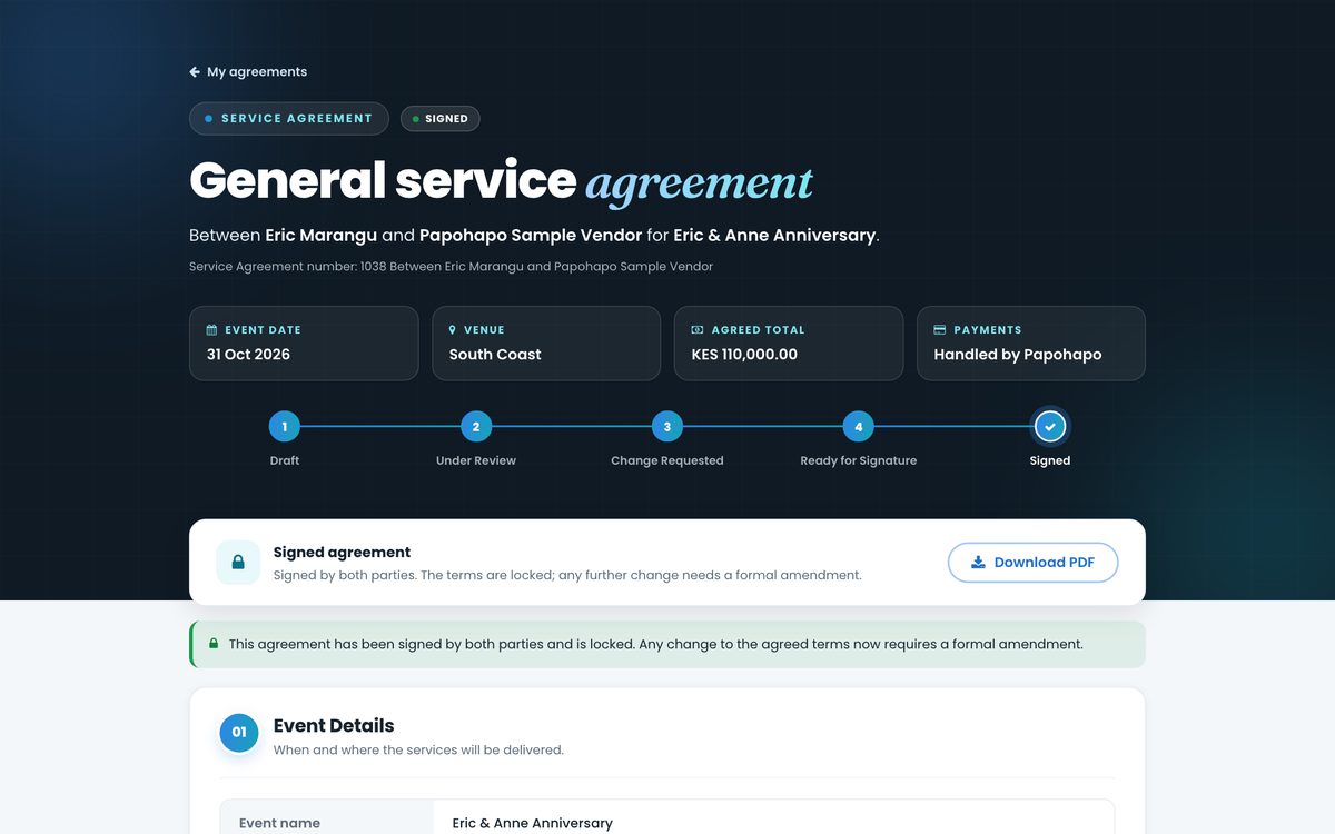 A signed service agreement with event date, venue, agreed total and its signing progress
