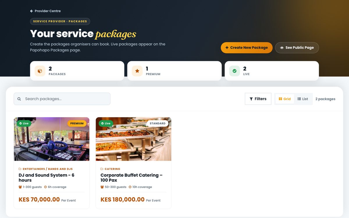 My Packages with live packages, prices and capacity