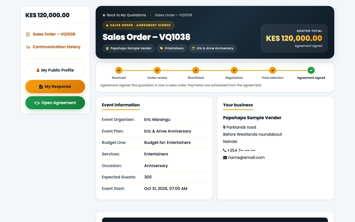 A quotation that became a sales order, with its progress from received to agreement signed
