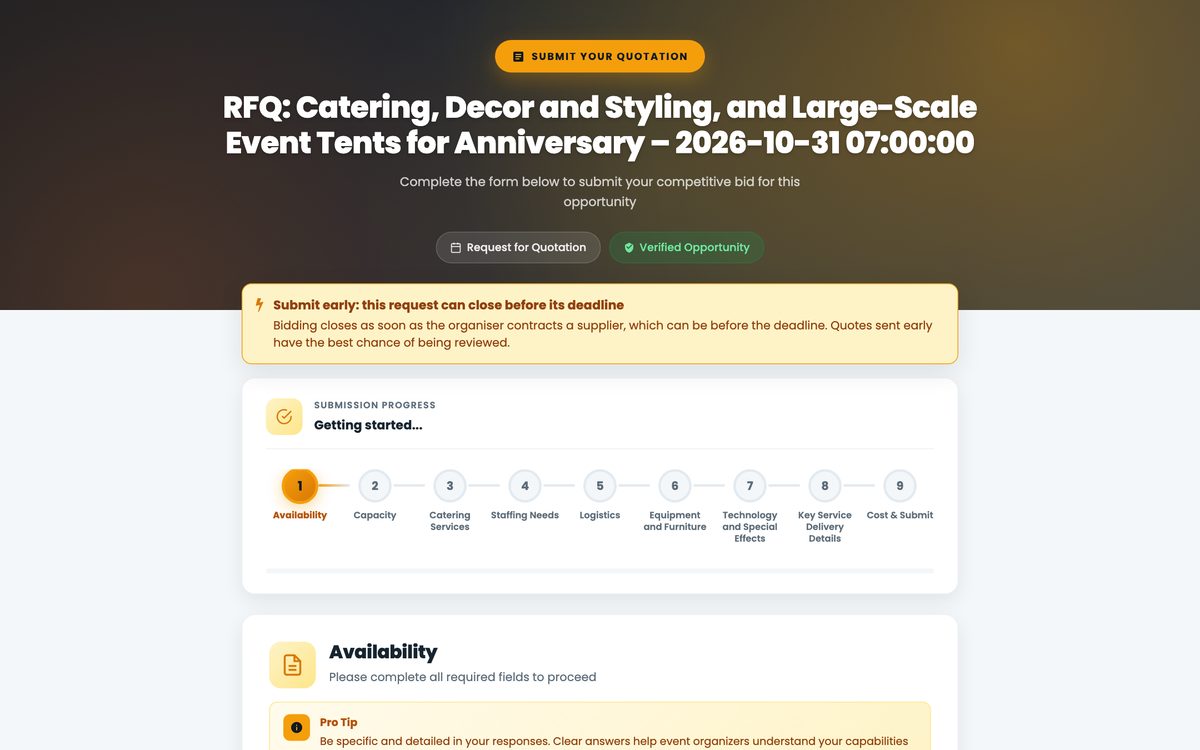 Quote submission wizard with progress steps and a submit-early notice